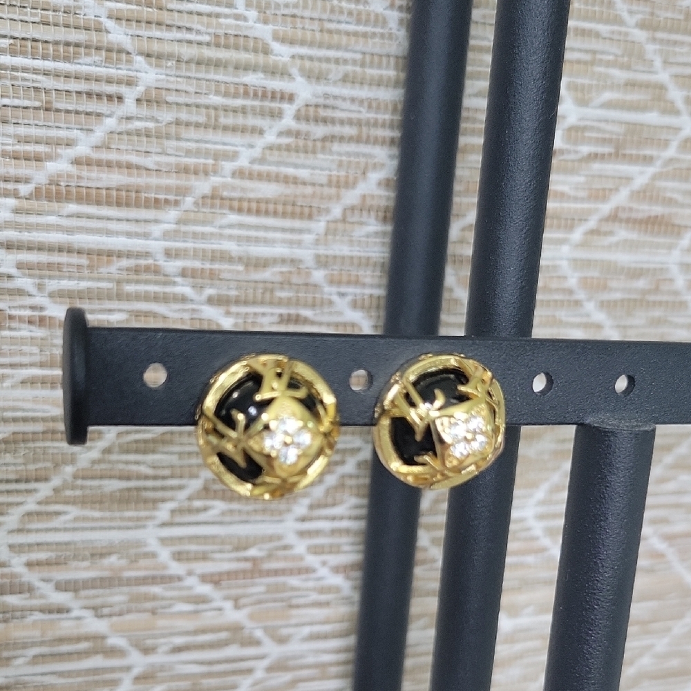 Gold and Black Round Earrings with Crystal Accent - Picture 2 of 2